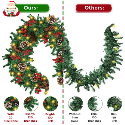 Mduvoz Christmas Garland, 12FT Prelit Christmas Garland with 100 LED Lights, Greenery Xmas Garland with 20 Pine Cones 90 Red Berry Christmas Decoration for Indoor Outdoor Home Mantel Fireplace