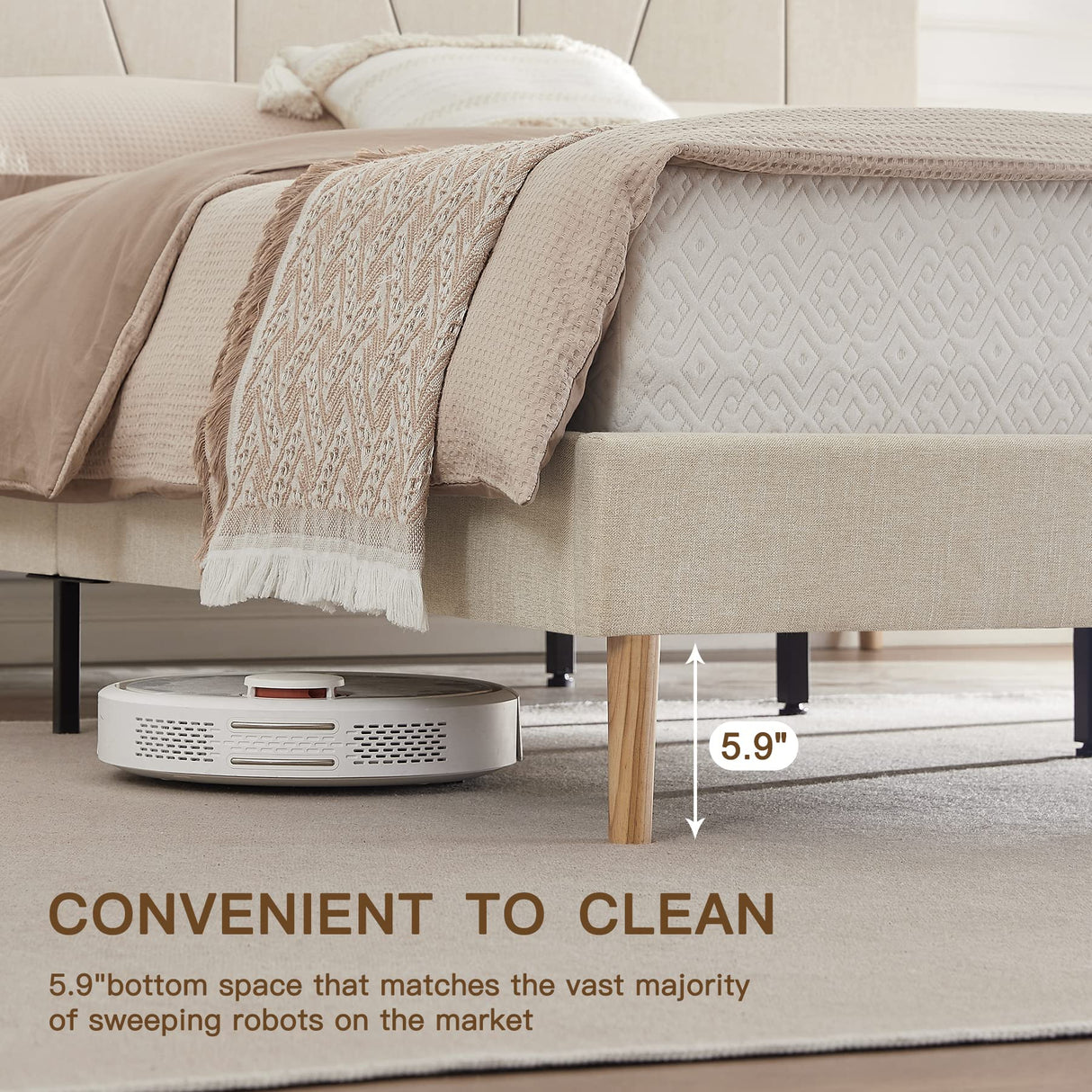 Flolinda Full Size Bed Frame Upholstered Platform with Complete Headboard and Strong Wooden Slats, No Box Spring Needed, Easy Assembly,Beige Flolinda