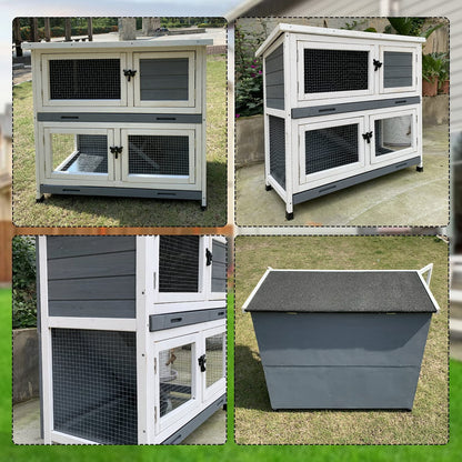 2 Story Solid Wood Rabbit/Bunny Hutch with 2 Large Main Rooms, Indoor Outdoor Rabbit House Guinea Pig Cage Pet House for Small Animals with Ventilation Door Removable Tray Waterproof Roof (Grey)