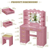 Vlsrka Vanity Desk with Large Mirror and Lights, 43.3" Makeup Vanity Desk with Charging Station and 6 Drawers, Makeup Dressing Table with Storage Stool for Bedroom (Pink) Vlsrka