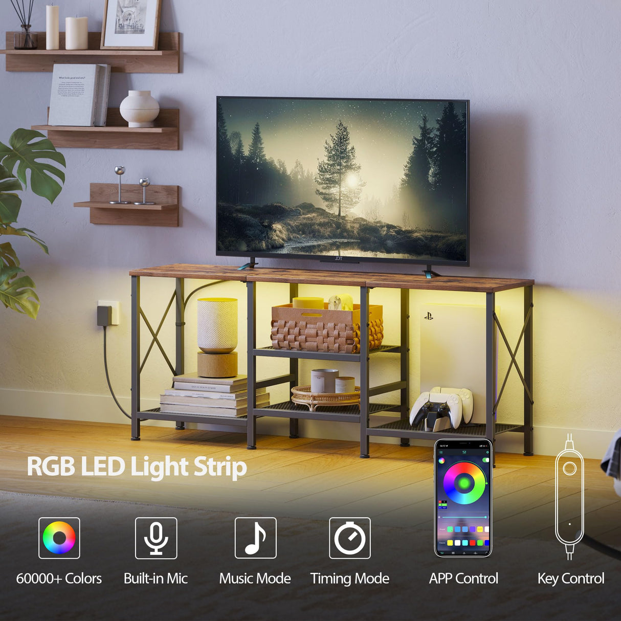 JARHETUN TV Stand with LED Lights for 55 Inch TV, Entertainment Center with 3-Tier Open Shelves, TV Console Table for Living Room, Bedroom, Rustic Brown JARHETUN