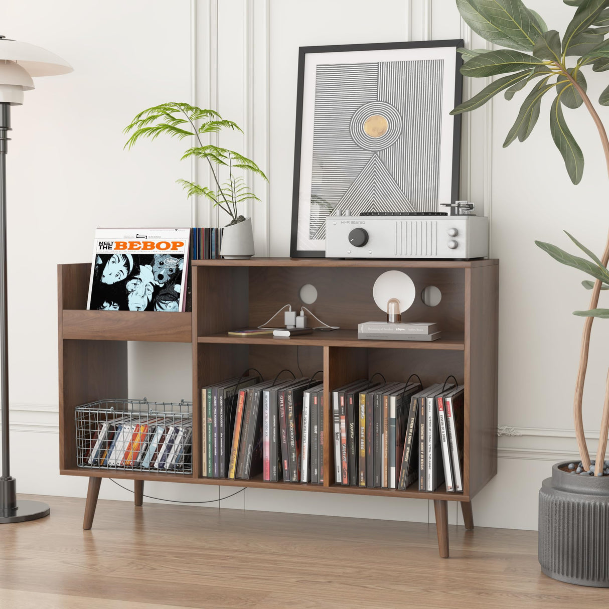 Record Player Stand with Charging Station & USB Ports, Mid Century Modern Turntable Stand Table Holds up to 350 Albums, Vinyl Record Storage Cabinet Turntable Stand with Record Storage IQCNGVX