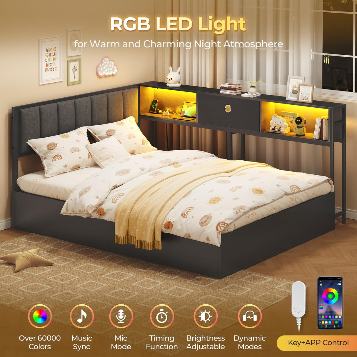 Hasuit Corner Full Lift Up Storage Bed Frame with Charging Station & LED Lights, Full Day Bed with Upholstered Headboard and Bookcase, Corner Beds with Hydraulic for Kids Teens Guests, Black Hasuit