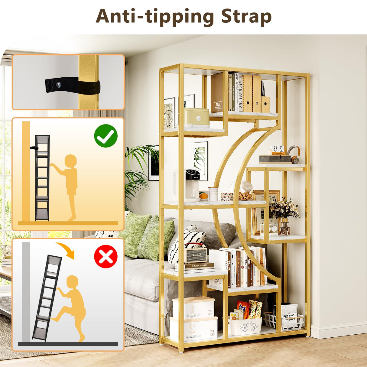 LGHM White and Gold Bookshelf Set of 2 with Metal Frame, 5 Tier Geometric Bookcase, Adjustable Modern Book Shelf with 18 Open Storage Shelves, Display Shelf for Living Room, Office, Bedroom LGHM