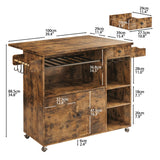 IRONCK Rolling Kitchen Island Cart with Drop-Leaf and Wine Rack, Microwave Rack Serving Cart on Wheels with Drawer & Shelves & Spice Rack & Cup Hanging, Vintage Brown IRONCK