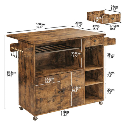 IRONCK Rolling Kitchen Island Cart with Drop-Leaf and Wine Rack, Microwave Rack Serving Cart on Wheels with Drawer & Shelves & Spice Rack & Cup Hanging, Vintage Brown