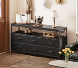 Huuger LED TV Stand for Bedroom, 47 Inch Dresser with Power Outlets, Entertainment Center for 55, 50, 43 Inch TV, 6 Drawer Dresser for Bedroom, Chest of Drawers with Open Shlef, PU Leather, Black Huuger