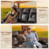 URRED Manual Reclining Loveseat Sofa with Console, Double Recliner RV Couch with Bluetooth Speakers, USB & Power Outlet, Cup Holders, Pillow and Side Pocket, for Home Theater, Faux Leather, Black URRED