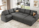 HONBAY Sectional Sleeper Sofa with Pull Out Bed U-Shape Sectional Couch Sleeper Bed with Storage Chaise 6 Seater Sleeper Sectional Sofa Bed, Light Grey HONBAY
