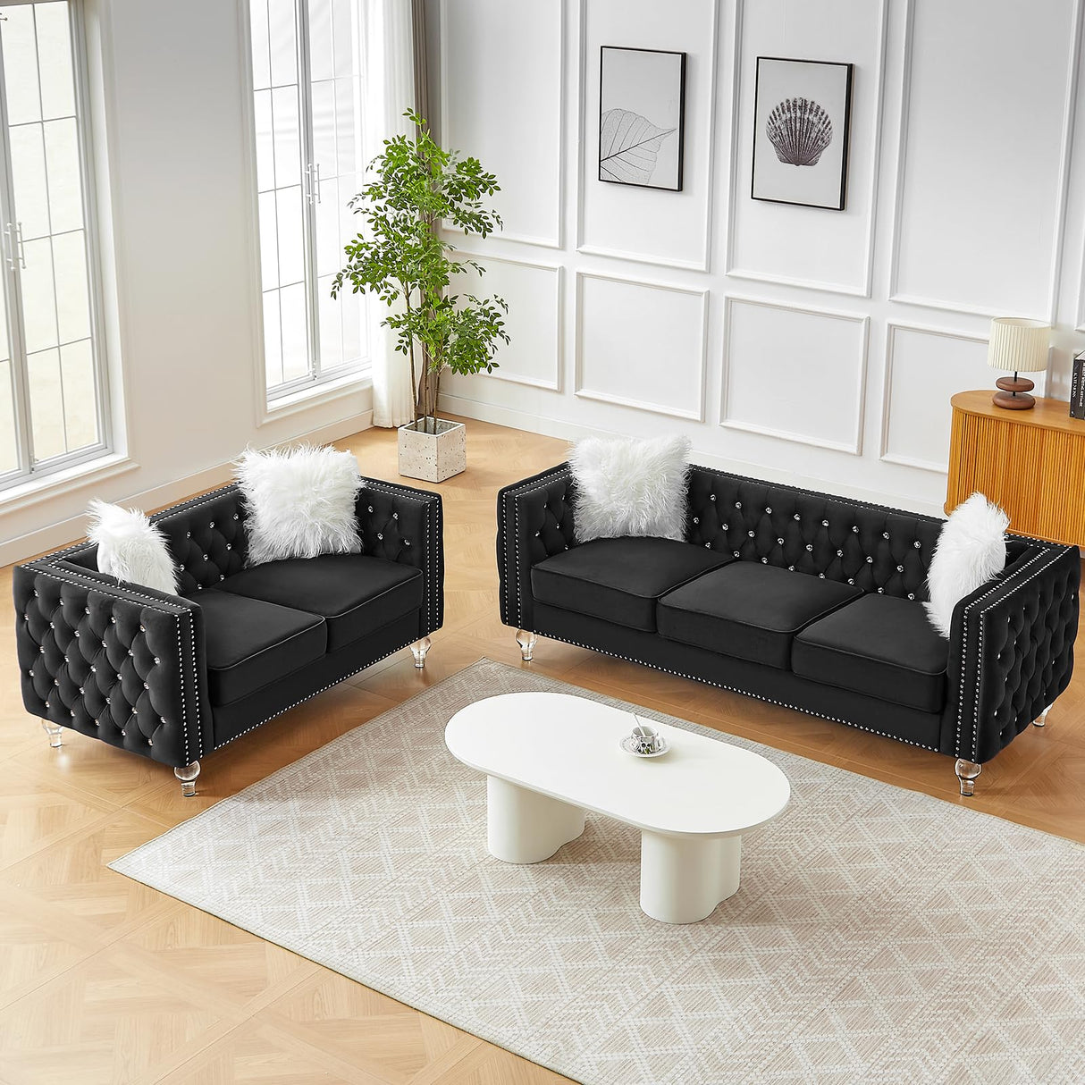 Homies Life 83" Chesterfield Sofa, Velvet Mid-Century Modern Upholstered Couch with 2 Throw Pillows and Acrylic Legs, Nailhead Button Tufted Vintage Sofa for Living Room, Apartment, Office, Black Homies Life