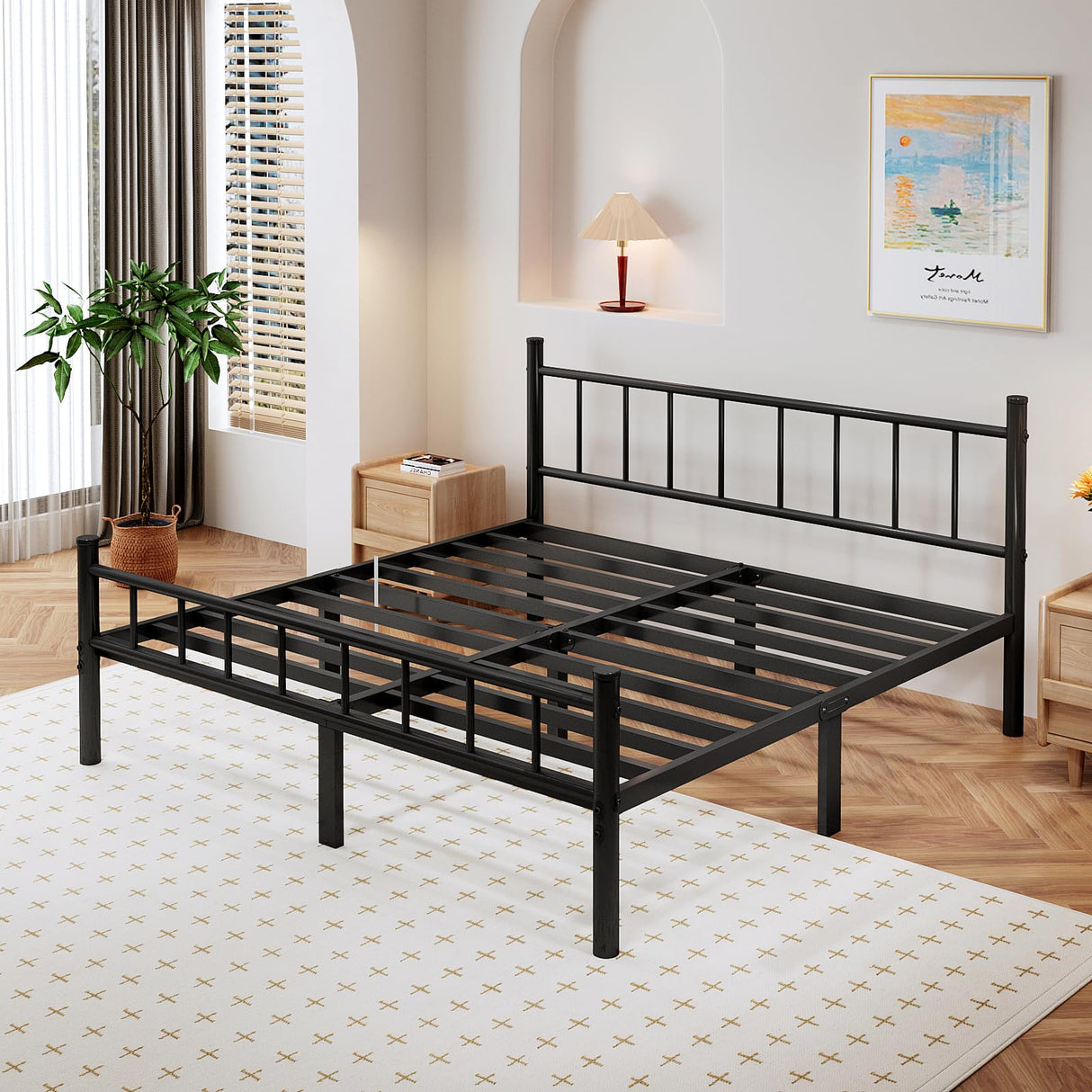 zizin Queen Size Metal Bed Frame with Headboard & Footboard 14 Inch Metal Platform Mattress Foundation Support with Steel Slat, Under Bed Storage, No Box Spring Needed zizin