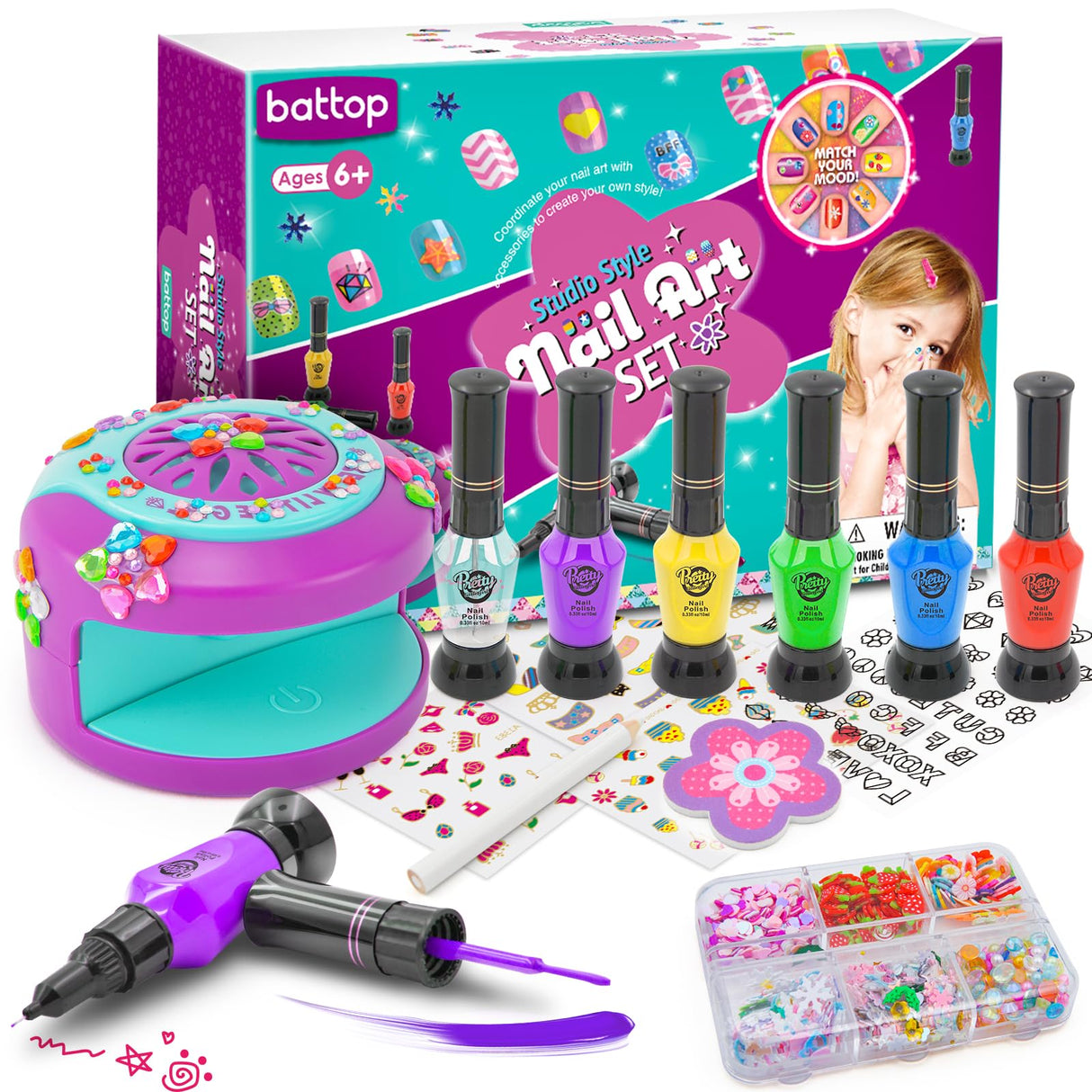 BATTOP Kids Nail Art Kit for Girls Ages 7-12 with Nail Dryer & 2 in 1 Water Based Nail Polish Pen & 3D Decoration & Sticker and Nail Flier - Idea Birthday Gifts for Girls 7 8 9 10 11 12 BATTOP