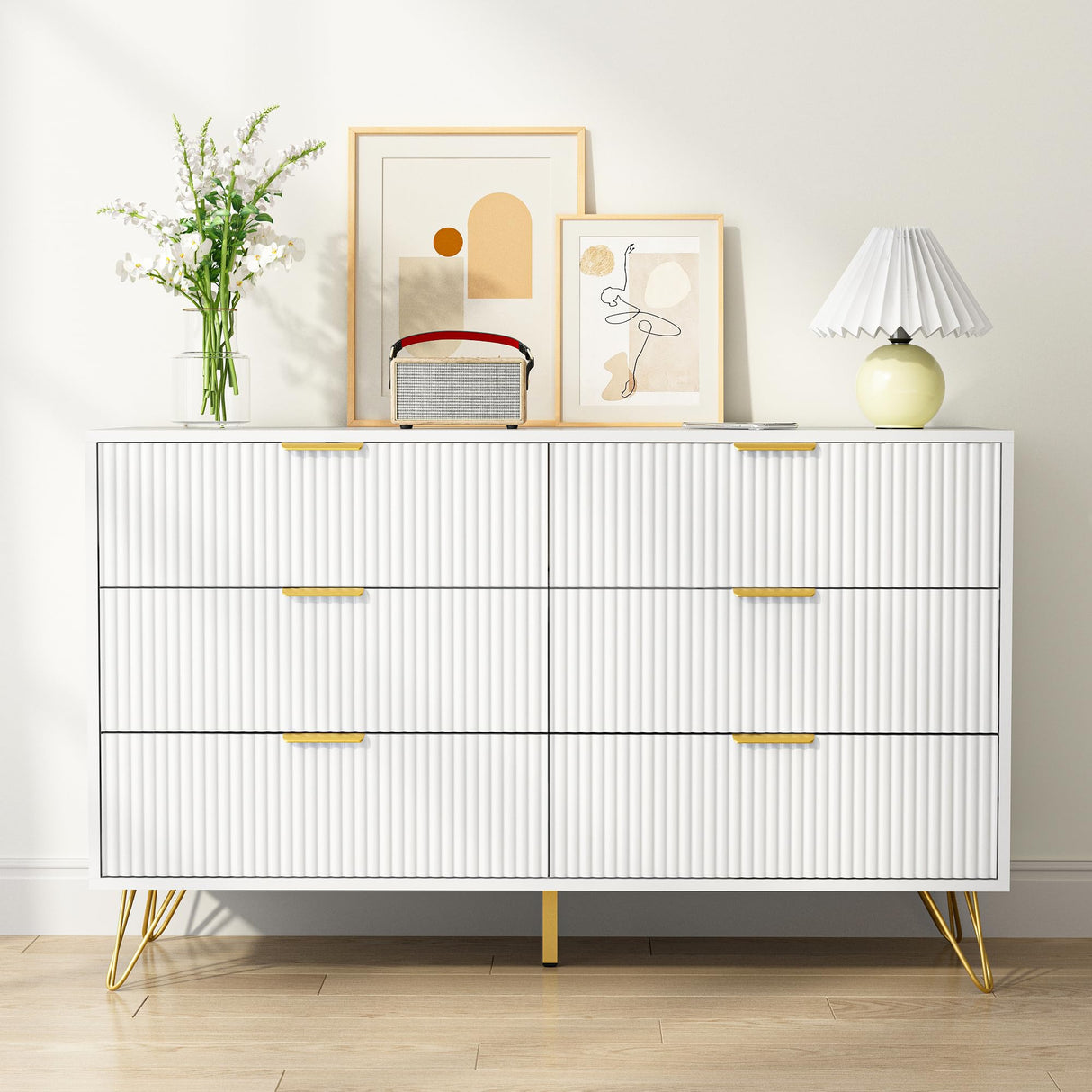 BAZELOR White 6 Drawer Dresser with Golden Handle, Fluted Wood Dressers, Modern Chest for Bedroom, Living Room, Hallway, Entryway BAZELOR