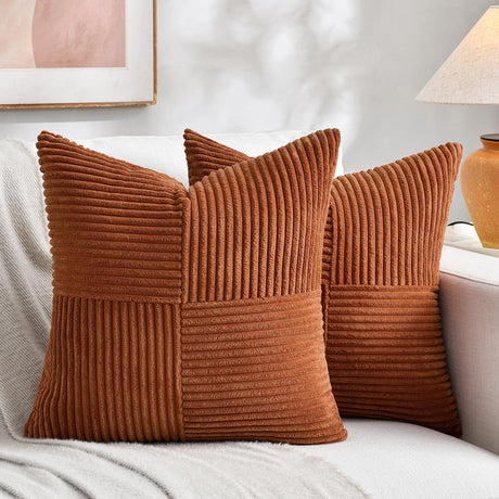 Fancy Homi 2 Packs Rust Boho Decorative Throw Pillow Covers 18x18 Inch for Couch Bed Sofa, Farmhouse Fall Home Decor, Soft Corss Corduroy Patchwork Textured Terracotta Accent Cushion Case 45x45 cm Fancy Homi