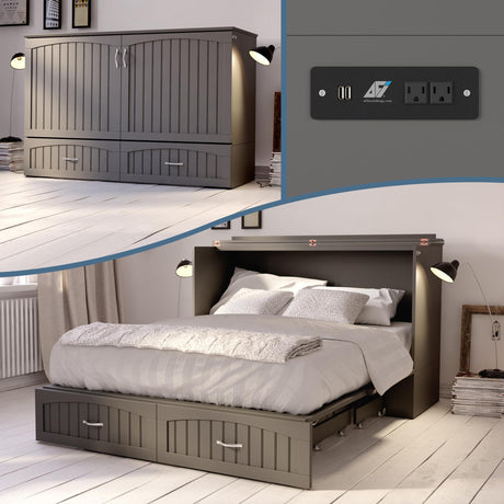 AFI, Southampton Murphy Bed Chest Queen with 6" Mattress, Storage Drawer & Built-in USB Charger, Grey AFI