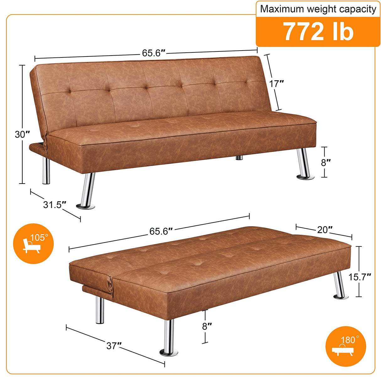 Yaheetech Convertible Sofa Couch Futon Bed Faux Leather Sofa Bed Sleeper Adjustable Loveseat Futon Couch Living Room Furniture with Chrome Metal Legs, Brown Yaheetech