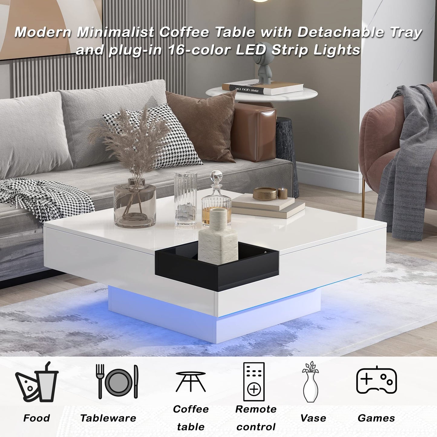 LUMISOL White Coffee Table with LED Lighting, 31.5 in Modern Square Storage Table with Detachable Tray and Plug-in 16-color LED Strip Lights Remote Control, for Living Room - WoodArtSupply