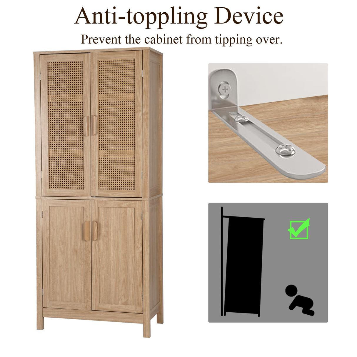 MISHAO 71" Kitchen Pantry Storage Cabinet, Tall Storage Cabinet with Rattan Doors & Adjustable Shelves, Freestanding Cupboard Wood Pantry for Kitchen, Living Room, Dining Room Hallway, Natural MISHAO