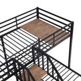 FAROUCHE Metal Bunk Bed with Storage Staircase, Twin Over Two Twin L-Shaped Triple Bunk Bed, 3-in-1 T Platform Beds Space Saving Design, No Box Spring Needed, Black FAROUCHE