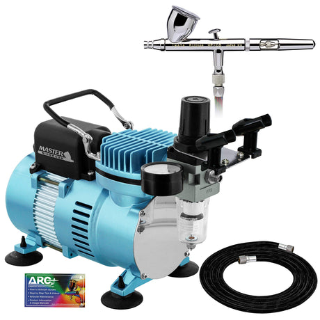 Iwata Eclipse HP CS Airbrush Set with a 1/5 hp Cool Runner II Dual Fan Air Compressor System Kit, Professional All-Purpose Dual-Action Gravity Feed Airbrush, 0.35mm tip, 6ft Hose, Holder, How-To Guide Master Airbrush