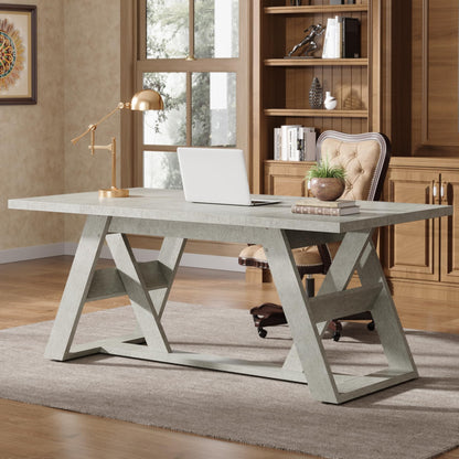 Tribesigns 70.9" Executive Desk, Farmhouse Home Office Desk with Double X-Shaped Base, Wood Large Computer Desk Writing Desk Small Conference Table, Gray - WoodArtSupply