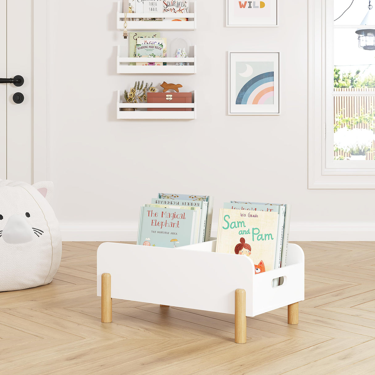 UTEX Montessori Bookshelf for Kids, Wooden Book Shelf for Kids Rooms, Toddler Book Caddy with Adjustable Divider, Floor Book Display, Baby Book Rack for Classroom Nursery UTEX