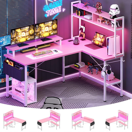 Aheaplus L Shaped Gaming Desk with Power Outlets & LED Lights, Small L- Shaped Desk Computer Corner Desk with Monitor Stand & Storage Shelf, Home Office Desk Writing Desk with Storage Bag, Pink Aheaplus