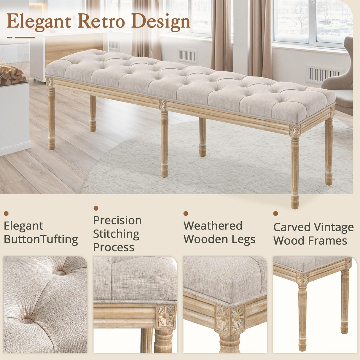 LUE BONA 60" Bedroom Bench, Vintage French Tufted End of Bed Bench, Upholstered Fabric Ottoman Bench with Carved Wood Legs for Bedroom,Dining Bench Piano Stool for Living Room,Foyer, Linen LUE BONA