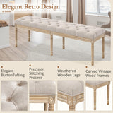 LUE BONA 60" Bedroom Bench, Vintage French Tufted End of Bed Bench, Upholstered Fabric Ottoman Bench with Carved Wood Legs for Bedroom,Dining Bench Piano Stool for Living Room,Foyer, Linen LUE BONA