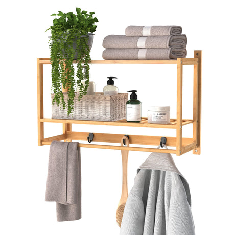 ClosetMaid Bamboo Wall Shelf with Towel Bar, 3 Hooks, Wall Mount Storage Shelves, 2 Tier, Organizer Rack, Natural Finish ClosetMaid