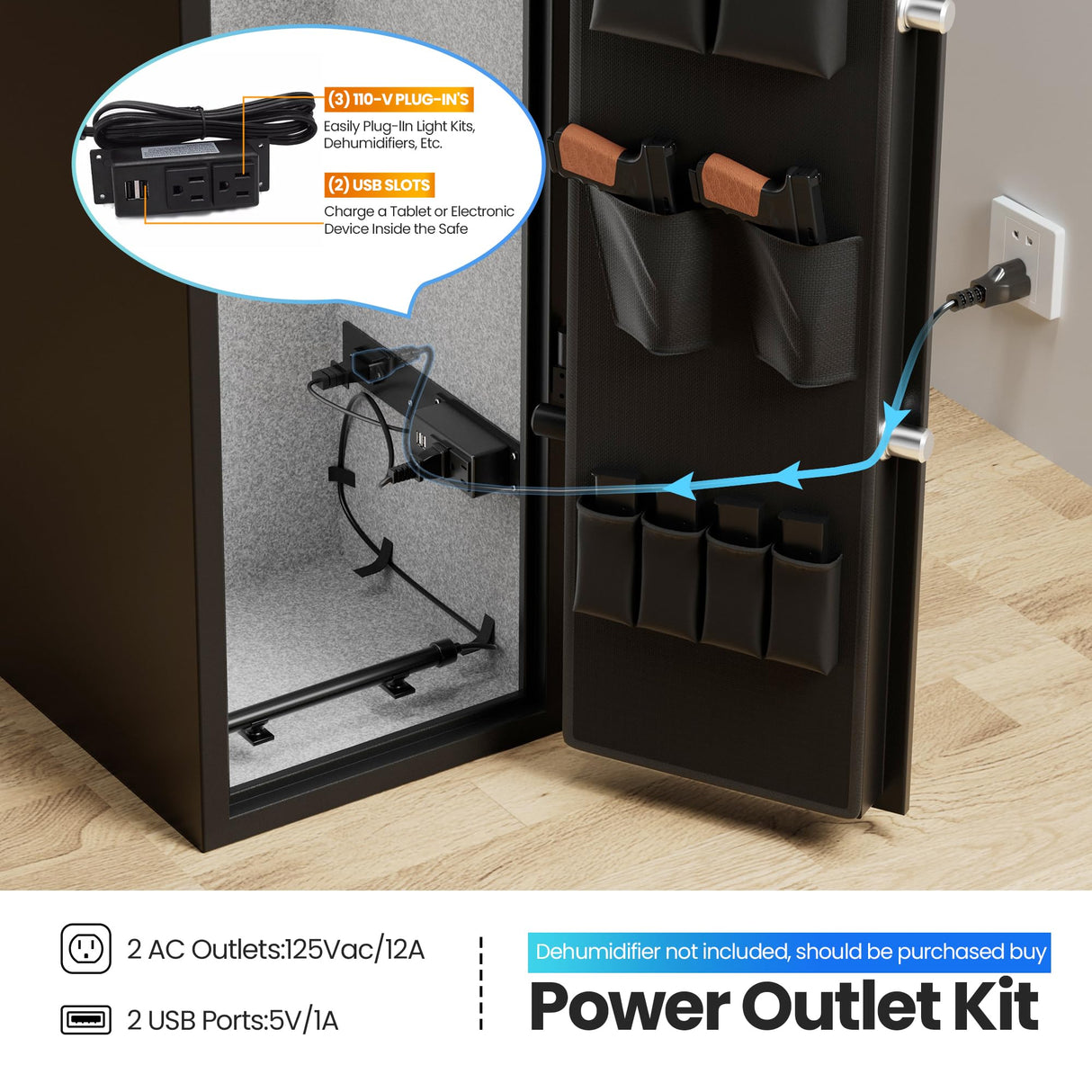 KornerBatl 110 lb Biometric Gun Safe for Rifles and Pistols with Power Outlet Kit (2 USB & Standard Outlets) - Quick Access 5 Gun Safes & Cabinets with Gun Organizer, Removable Shelf and LED Light KornerBatl