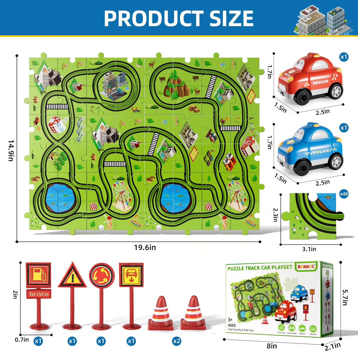 Bennol Toddler Toys Gifts for 2 3 4 5 Year Old Boys, 56 Jigsaw Puzzle Race Track Car Set Toys for Kids Boys Toddlers 1-3 2-4 3-5 4-6, Puzzle Tracks Car Toys Gifts for 2 3 4 5 Year Old Boys Kids Bennol