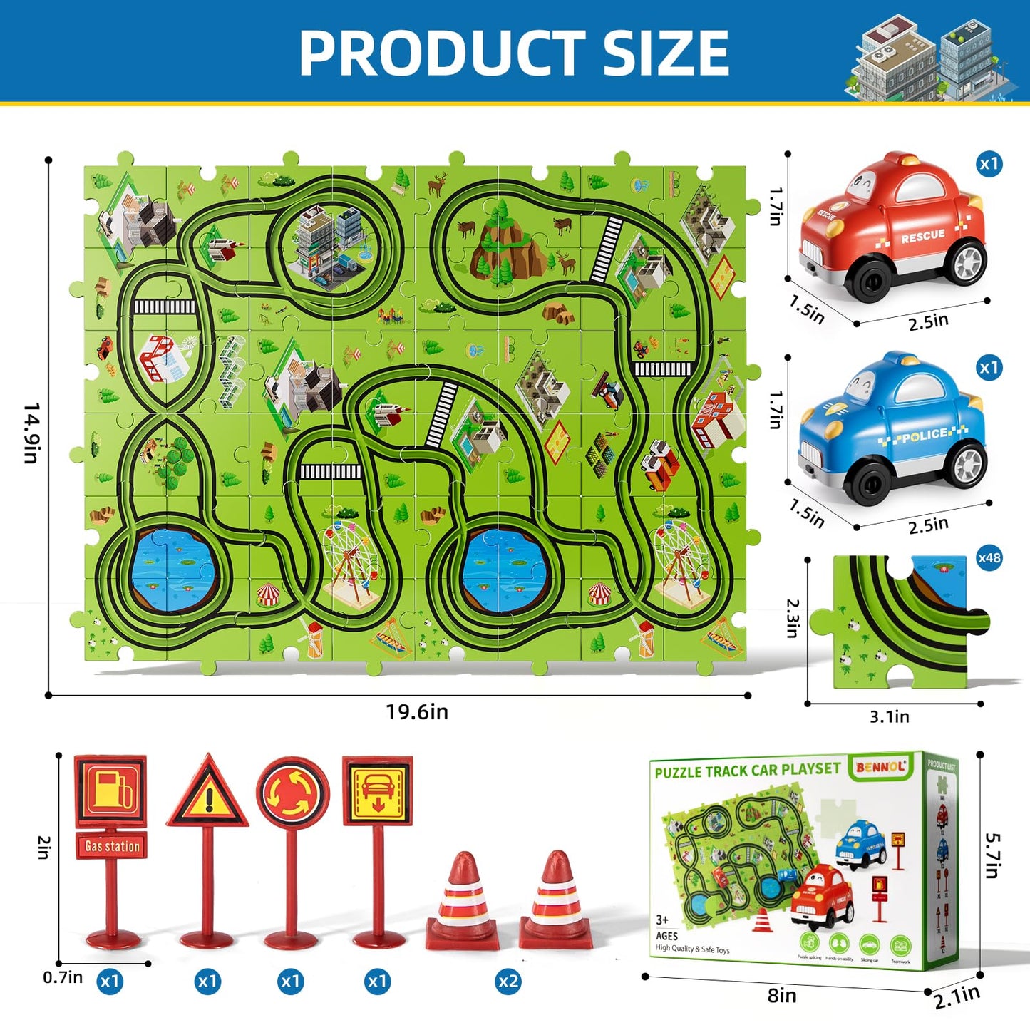 Bennol Toddler Toys Gifts for 2 3 4 5 Year Old Boys, 56 Jigsaw Puzzle Race Track Car Set Toys for Kids Boys Toddlers 1-3 2-4 3-5 4-6, Puzzle Tracks Car Toys Gifts for 2 3 4 5 Year Old Boys Kids