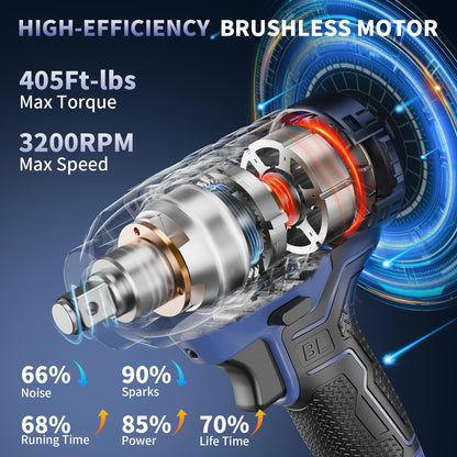 HreFe Cordless Impact Wrench 1/2 inch, 405Ft-lbs (550N.m) Power Impact Drill Set or Tools, 3200RPM High Torque Impact Driver, 2 x 4.0Ah Battery, 4 Sockets, Charger, Electric Impact Gun for Lu - WoodArtSupply