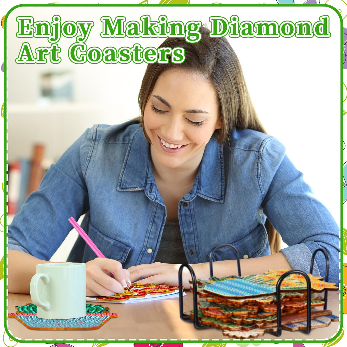 Honeydak 20 Pcs Spring Diamond Painting Coasters Flower Diamond Art Coasters with Holder Wooden Spring Potted Plants Diamond Coasters 5D Diamond Art Kits for Adults DIY Crafts Beginner Gifts Supplies Honeydak