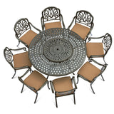 VIVIJASON 9-Piece Patio Furniture Dining Set, Rust-Free Cast Aluminum Outdoor Conversation Set, Include 8 Cushioned Chairs & 61" Round Dining Table with 31" Lazy Susan, Umbrella Hole, Khaki VIVIJASON
