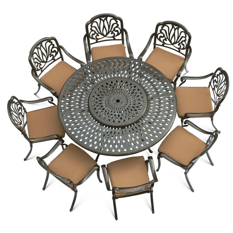 VIVIJASON 9-Piece Patio Furniture Dining Set, Rust-Free Cast Aluminum Outdoor Conversation Set, Include 8 Cushioned Chairs & 61" Round Dining Table with 31" Lazy Susan, Umbrella Hole, Khaki VIVIJASON