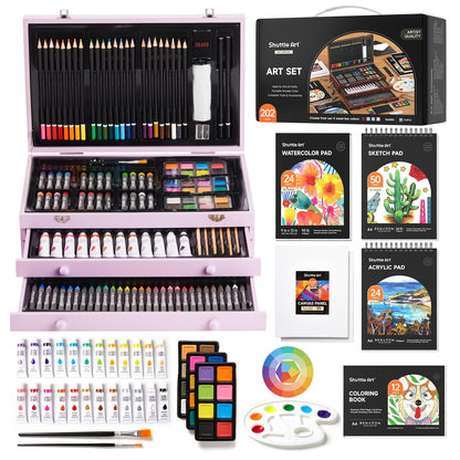 Shuttle Art Deluxe Gift Art Kit, 202-Piece Wooden Art Supplies Set with 4 Drawing Pads, Canvases, Coloring Sheets, Acrylic Paint, Crayons, Oil Pastels, Colored Pencils for Kids, Artists, Beginners