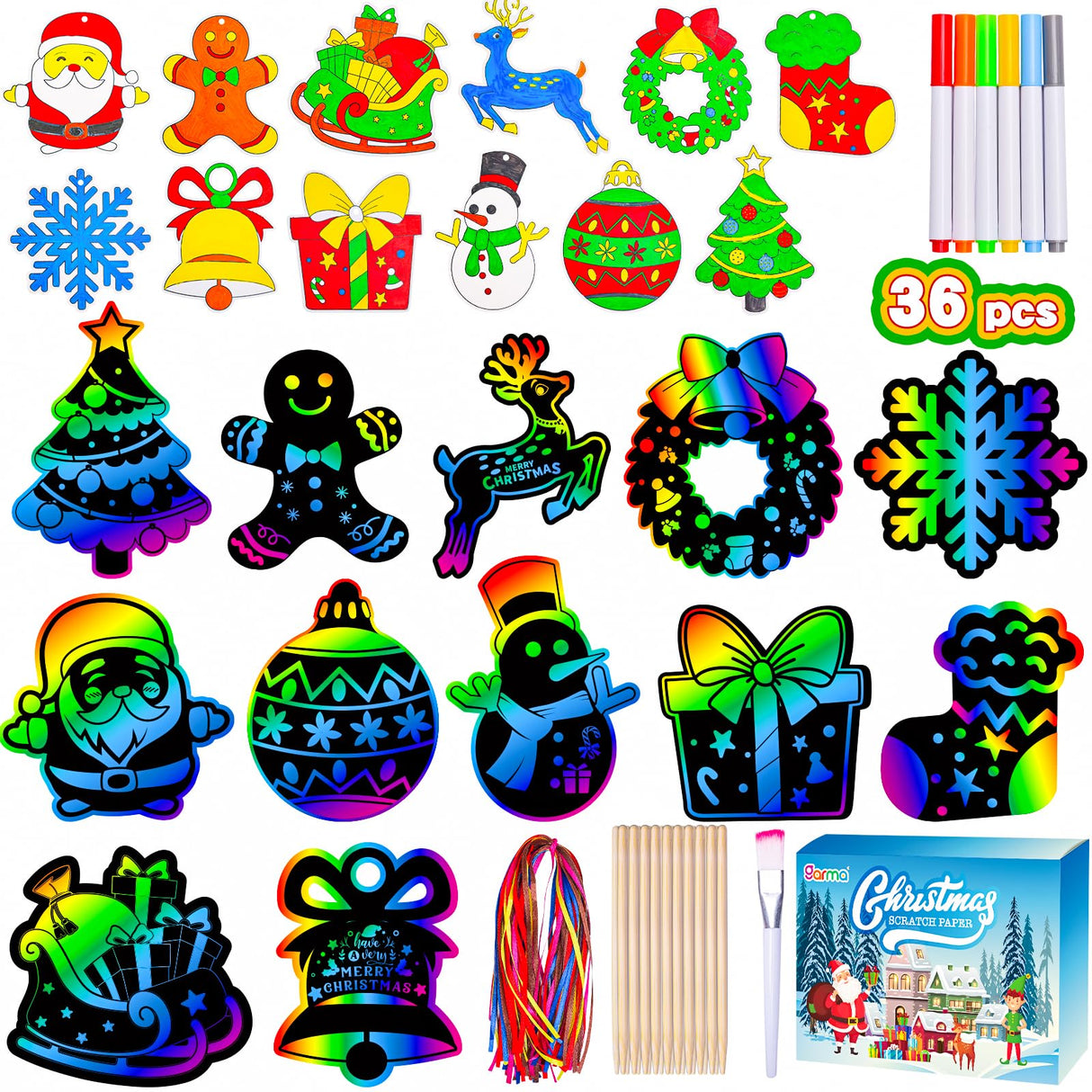 Garma 36Pcs Christmas Crafts Scratch Art for Kids, Rainbow Scratch Paper Christmas Ornaments Crafts Christmas Party Favors Toys Xmas Tree Ornaments Hanging Craft Art Kits Garma