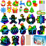 Garma 36Pcs Christmas Crafts Scratch Art for Kids, Rainbow Scratch Paper Christmas Ornaments Crafts Christmas Party Favors Toys Xmas Tree Ornaments Hanging Craft Art Kits Garma