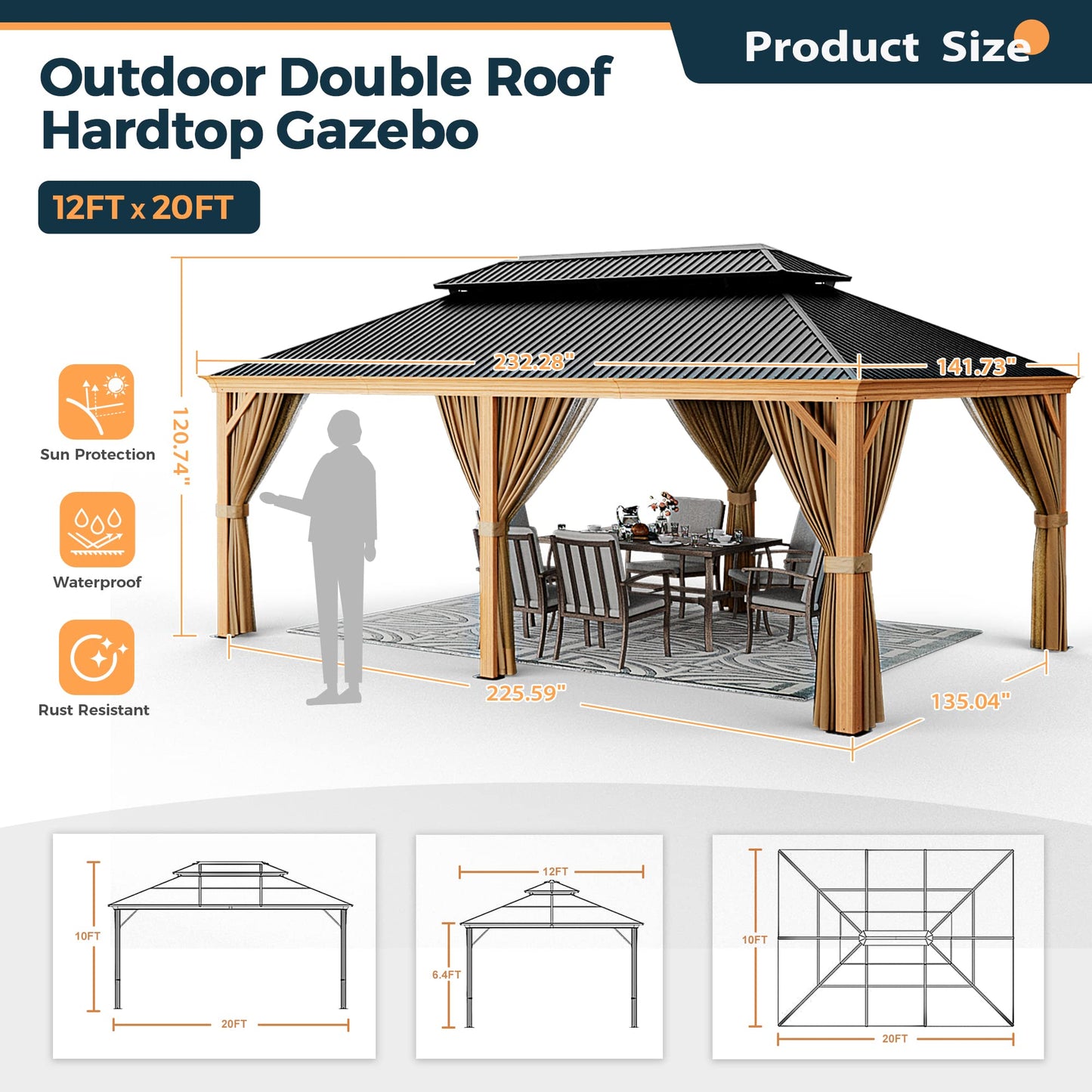 HAPPATIO 12' x 20' Hardtop Gazebo, Outdoor Wood Grain Frame Aluminum Gazebo with Galvanized Steel Double Roof, Patio Metal Gazebo Canopy with Netting and Curtains for Patio, Deck, Backyard (B - WoodArtSupply