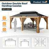 HAPPATIO 12' x 20' Hardtop Gazebo, Outdoor Wood Grain Frame Aluminum Gazebo with Galvanized Steel Double Roof, Patio Metal Gazebo Canopy with Netting and Curtains for Patio, Deck, Backyard (Beige) HAPPATIO