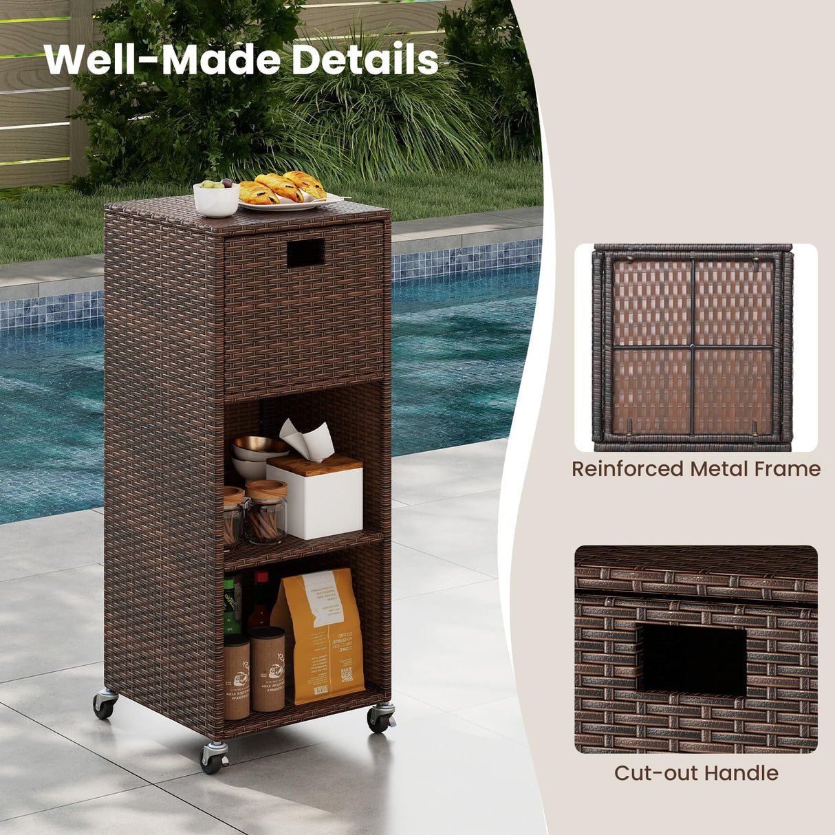 Tangkula Rattan Outdoor Storage Cabinet, Patiojoy Outdoor Wicker Cabinet with 3 Shelves, 1 Removable Drawer, 4 Wheels, Patio Storage Deck Box Cart for Backyard Poolside Porch (Mix Brown) Tangkula