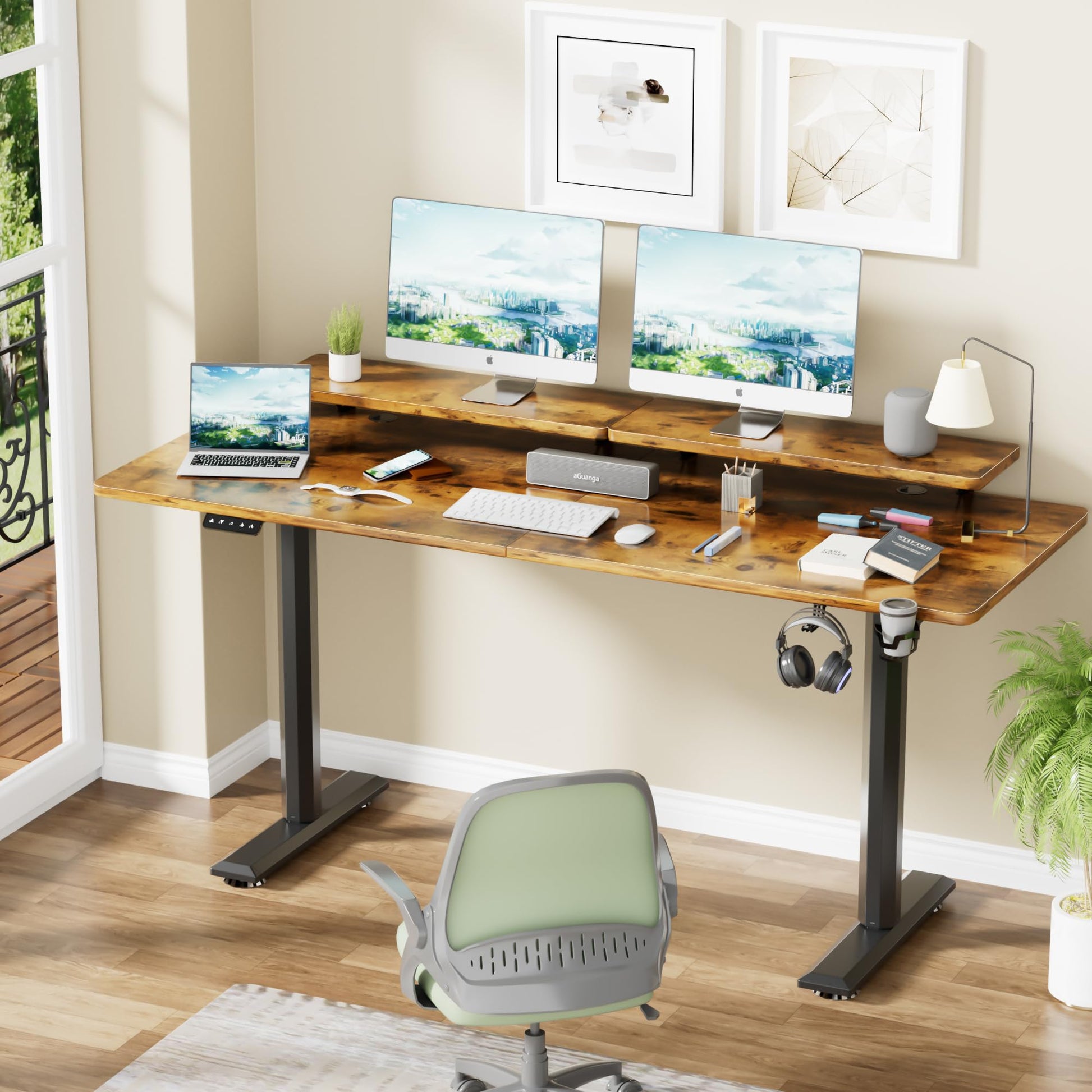 JUMMICO Electric Standing Desk, Adjustable Height Desk 63 x 27 Inch with Monitor Stand, Home Office Computer Desk (Rustic Brown) - WoodArtSupply