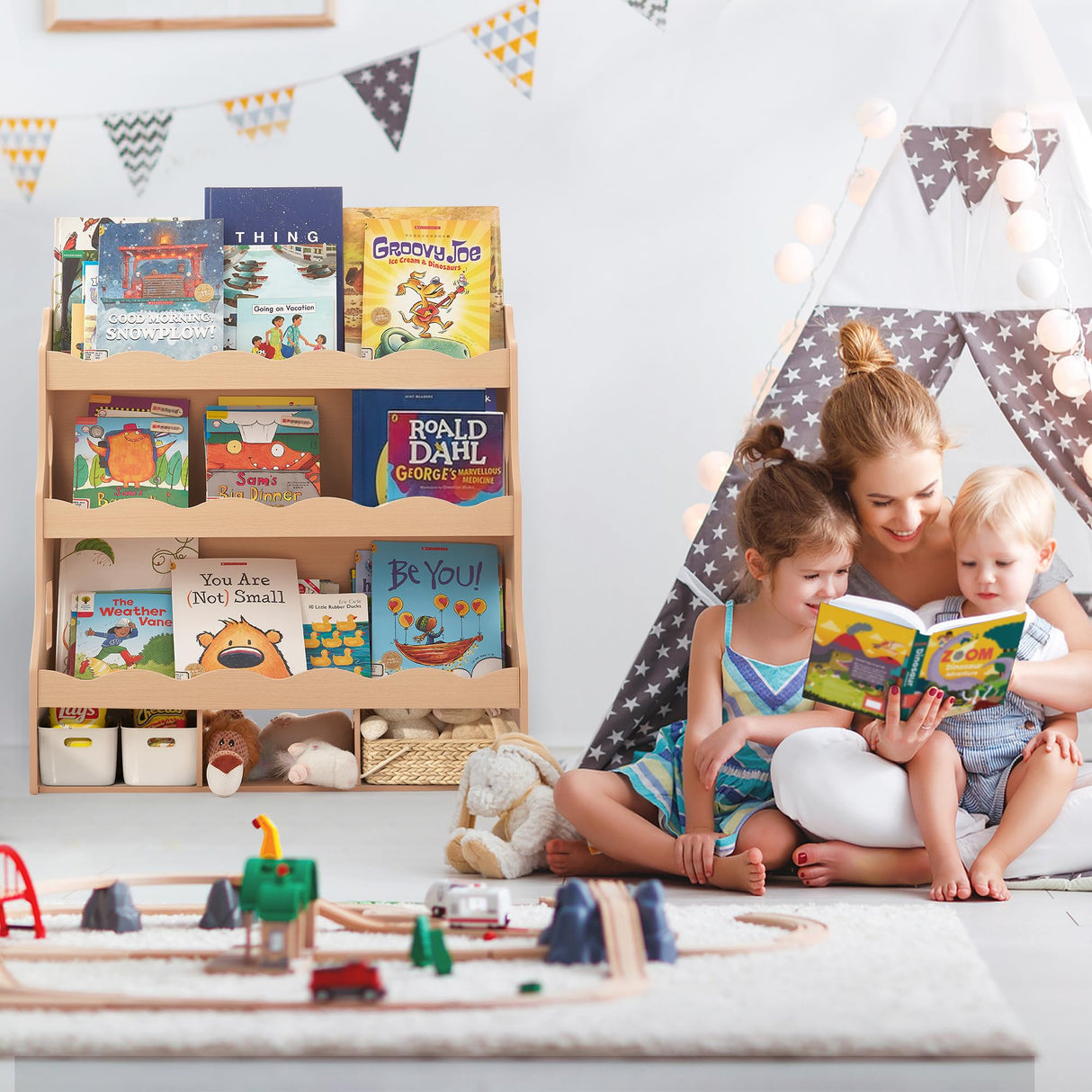 Himold Wooden Kids Bookshelf, Book Shelf for Kids Rooms w/Scalloped Edges, Durable Childrens Bookshelf with 3 Cube Bins for Books & Toys - Toddler Montessori Bookcase Nursery Himold