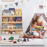 Himold Wooden Kids Bookshelf, Book Shelf for Kids Rooms w/Scalloped Edges, Durable Childrens Bookshelf with 3 Cube Bins for Books & Toys - Toddler Montessori Bookcase Nursery Himold