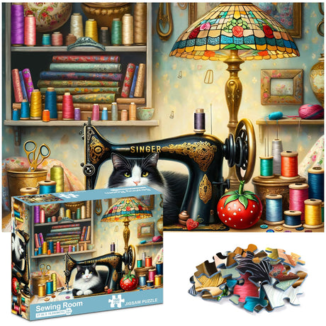 crowm Jigsaw Puzzles for Adults 1000 Pieces, The Sewing Room Cat Challenging Puzzles for Game Nights Living Room Art Decor & Sewing Lovers Gifts crowm
