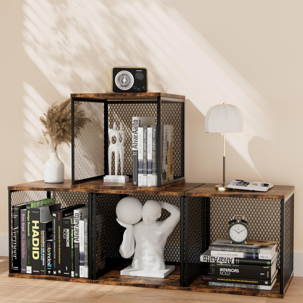 Ksuefao 2 Cube Storage Organizer, Small Bookshelves, DIY Variable Stackable Wooden & Metal Cubes Shelves for Desktop, Bedroom, Living Room, Black Brown Ksuefao