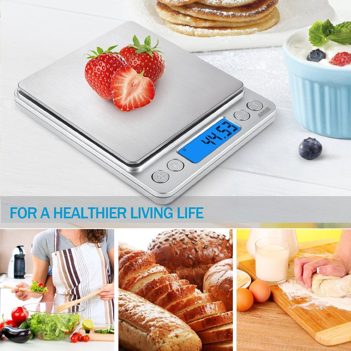 (Upgraded) AMIR Digital Kitchen Scale, 500g Mini Pocket Jewelry Scale, Food Scale, Coffee Scale, Back-Lit LCD Display, 2 Trays, 6 Units, Auto Off, Tare, PCS, Stainless Steel (Batteries Included) AMIR
