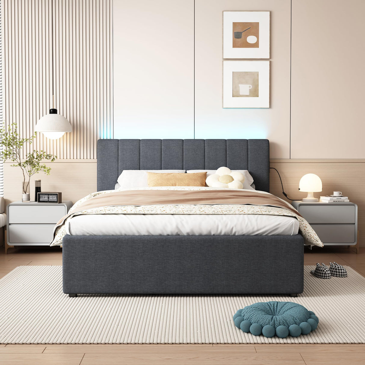 Ball & Cast Full Size Upholstered Platform Bed with Twin Size Trundle & USB Port,Linen Tufted Bed Frame W/Remote Control LED Light & Stripe Headboard,Wood Slats Support for Bedroom,Apartment,Dark Gray Ball & Cast